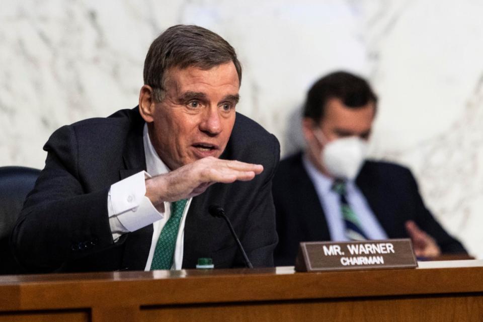 Senate Intelligence Committee Chair Sen. Mark Warner speaks during a hearing.