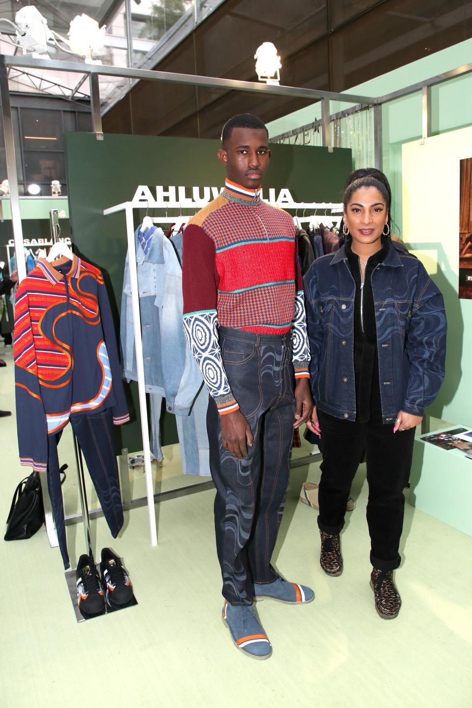 Priya Ahluwalia and a model wearing her designs at the LVMH Prize 2020 Designers Presentation in Paris, February 27, 2020.