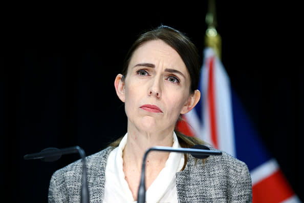 Prime Minister Jacinda Ardern looks on during a press conference at Parliament in Wellington.