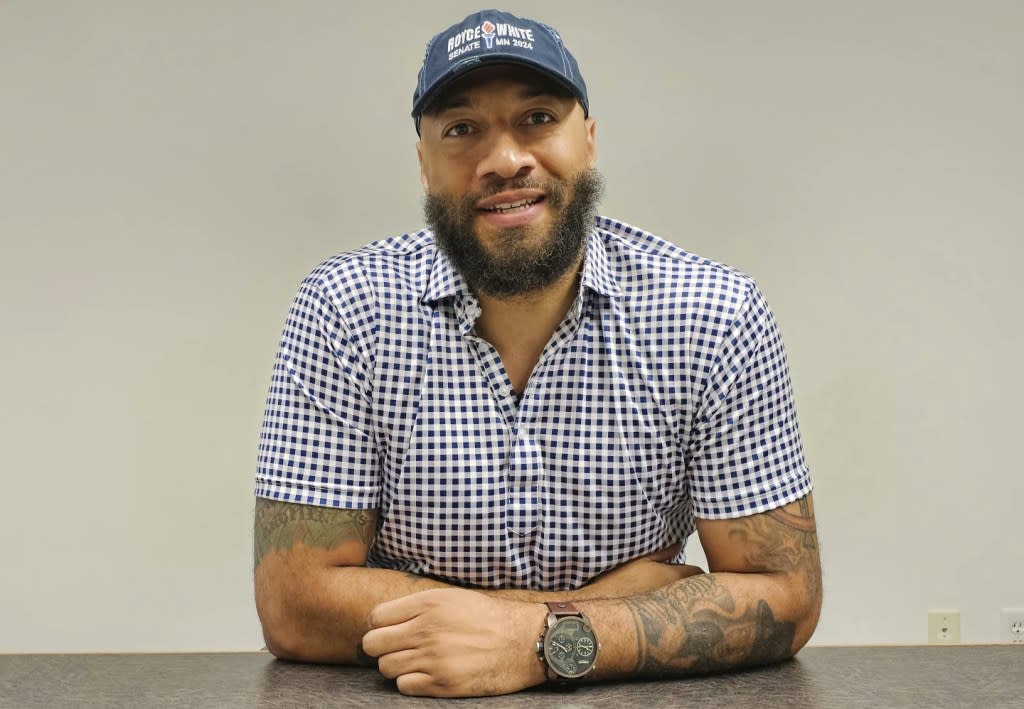 Republican Senate candidate Royce White talks during an interview with The Associated Press in Minneapolis, Thursday, July 18, 2024. (AP Photo/Steve Karnowski)<span class="credit"> – </span>