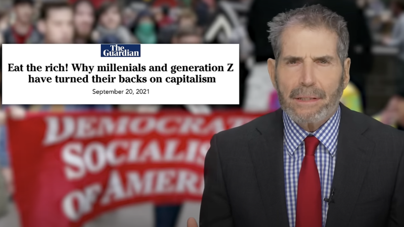 John Stossel is seen in front of a Democratic Socialists of America protest next to a headline that says "eat the rich"