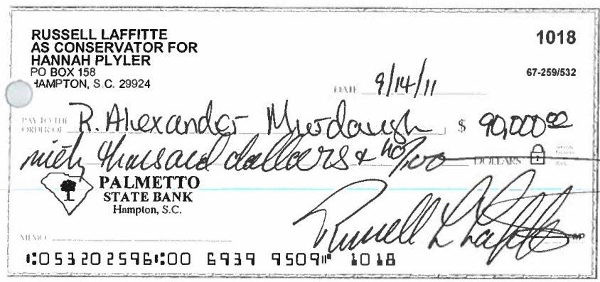 A copy of a check attached as an exhibit in a lawsuit filed this week against Russell Laffitte and Palmetto State Bank.