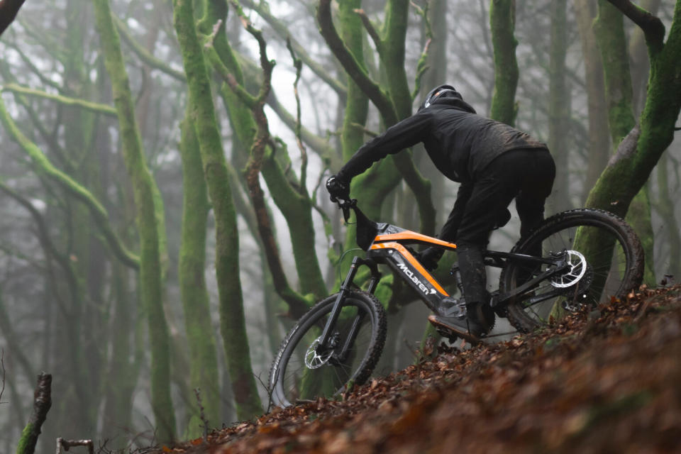 action riding shot of new mclaren extreme 600 e-mountain bike