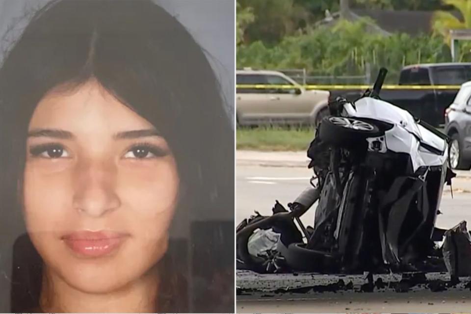 <p>Gofundme;nbcmiami</p> L: Jazmin Keltz; R: The high-speed police chase ended with this Audi crashing.