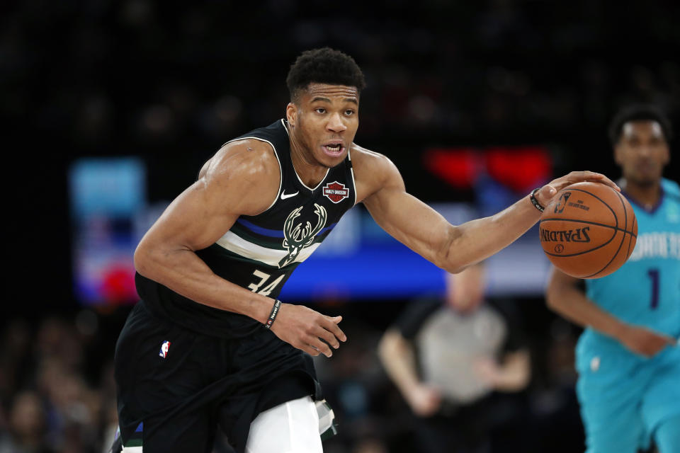 Milwaukee Bucks forward Giannis Antetokounmpo (34) in action during NBA game against Charlotte Hornets in Paris, Friday, Jan. 24, 2020. (AP Photo/Thibault Camus)