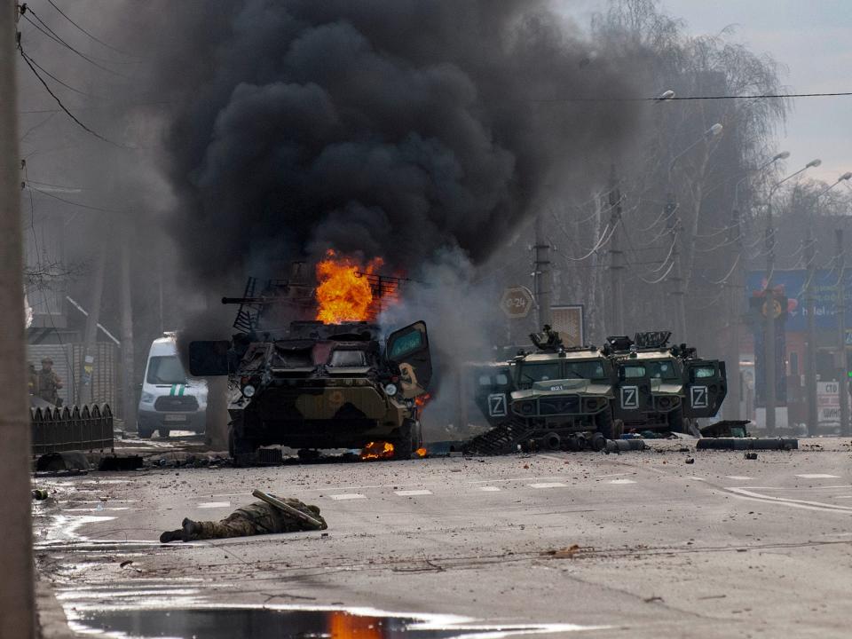 Russian military vehicle burns in Ukraine