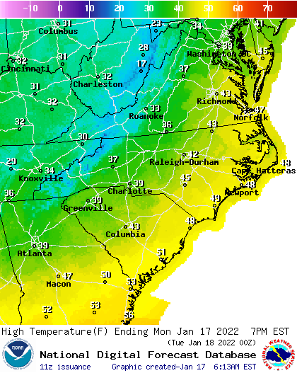 Highs are expected to be in the mid-40s Monday in Kinston.