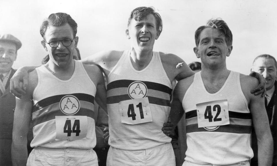 Roger Bannister, centre, with Chris Chataway, right, and Chris Brasher after his record-breaking run at Iffley Road on 6 May 1954.
