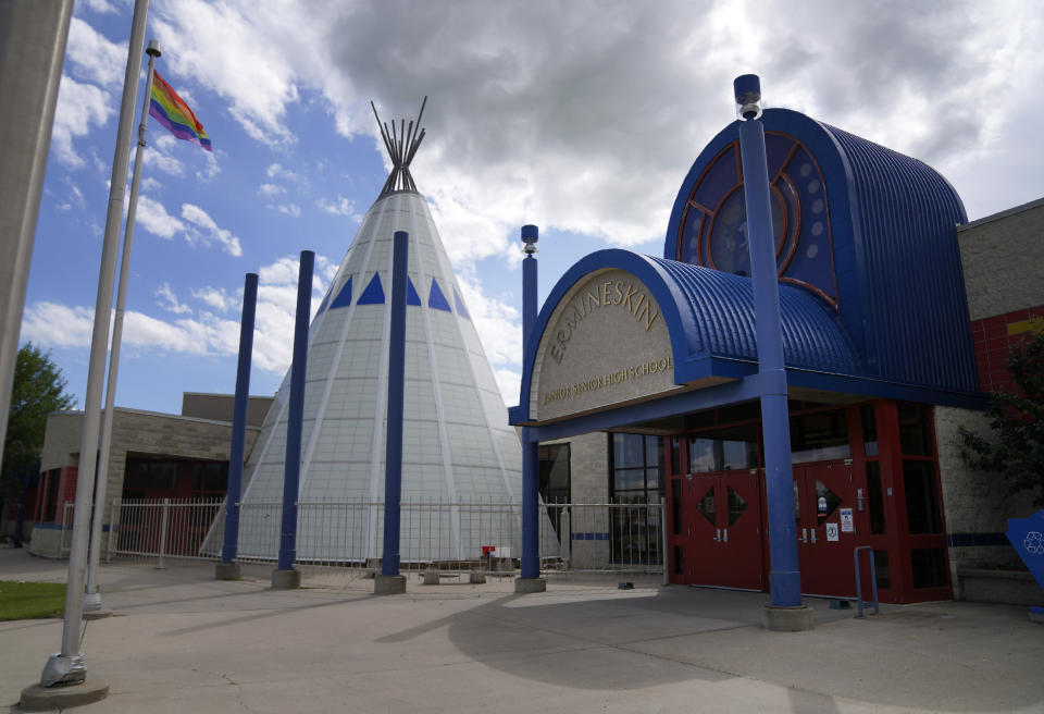 The Ermineskin Junior and Senior High School sits where a residential school for Indigenous children once stood, in Maskwacis, Alberta, on Tuesday, July 19, 2022. (AP Photo/Jessie Wardarski)