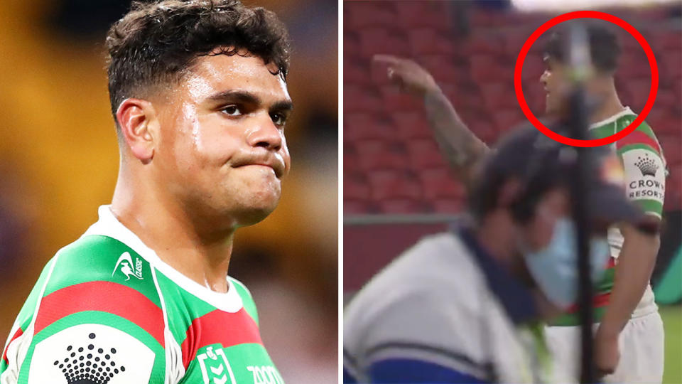 Latrell Mitchell had a terse conversation with a former Roosters teammate after he approached their locker room to check on the condition of Joey Manu, who he hit with a devastating high shot which fractured his cheekbone. Pictures: Getty Images/Channel 9