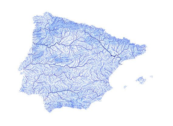 Un mapa de los ríos y cursos fluviales de la Península Ibérica.