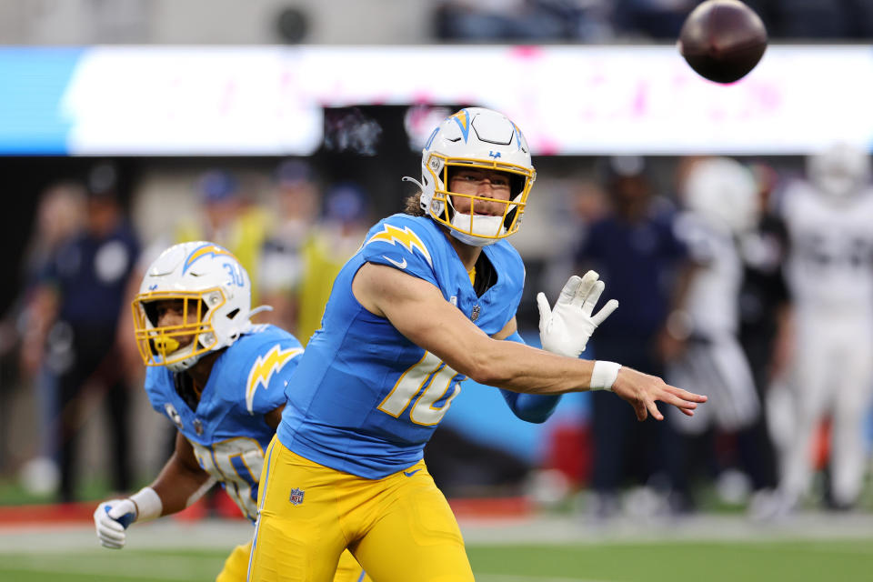 Justin Herbert of the Los Angeles Chargers had an unusual 10-yard reception on Monday night. (Photo by Kevork Djansezian/Getty Images)