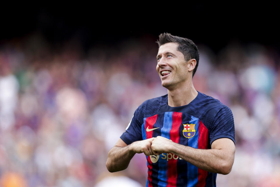 BARCELONA, SPAIN - SEPTEMBER 17: Robert Lewandowski of FC Barcelona celebrates goal 3-0 during the La Liga Santander  match between FC Barcelona v  Elche at the Spotify Camp Nou on September 17, 2022 in Barcelona Spain (Photo by David S. Bustamante/Soccrates/Getty Images)