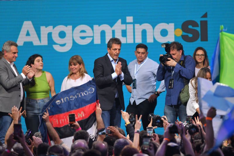 Presidential candidate Sergio Massa (C) speaks after getting the results of the first round of the Argentine elections, in Buenos Aires, Argentina on Oct. 22. Massa, the Peronist candidate and Minister of Economy won the first round of the Argentine elections, and faced candidate for Libertad Avanza, Javier Milei, in the runoff on 19 November. Photo by Enrique Garcia Medina/EPA-EFE