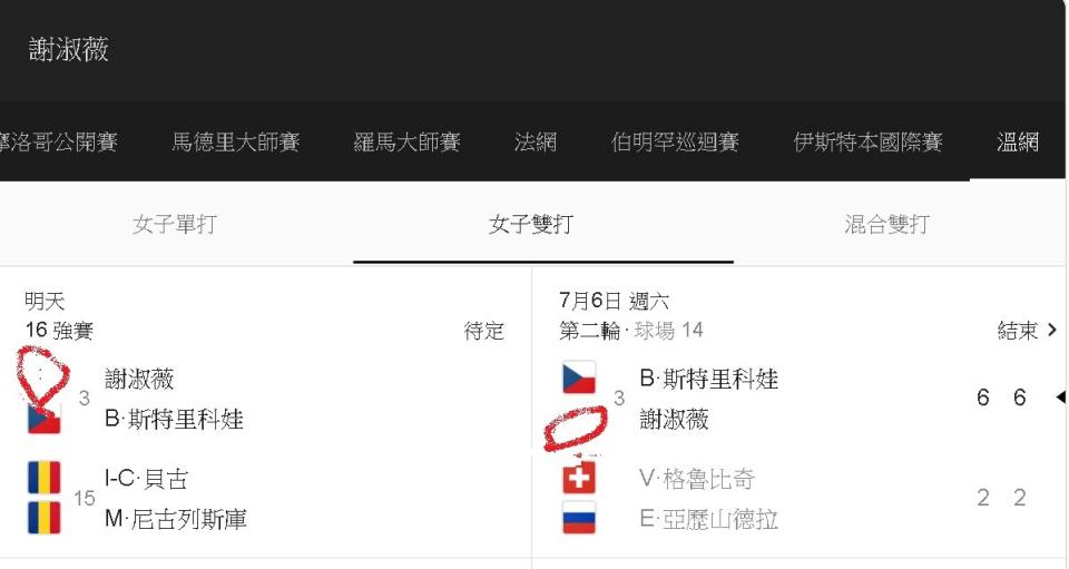 Google溫布頓賽程資訊，中華民國國旗不見了。
