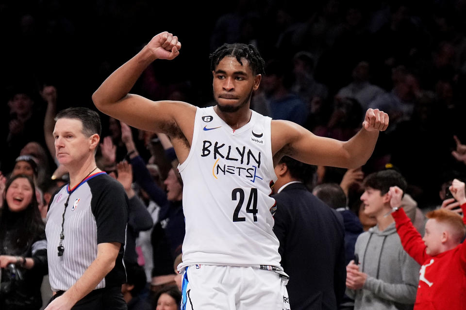 Cam Thomas has thrived since Kyrie Irving asked out of Brooklyn.  (Mike Stobe/Getty Images)