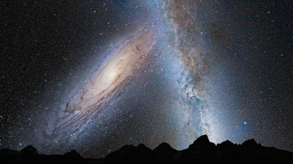 Based on data from the Hubble Space Telescope, the Milky Way Galaxy (pictured right-center) and Andromeda Galaxy (left-center) are predicted to distort each other with tidal pull in 3.75 billion years, as shown in this illustration. NASA image.