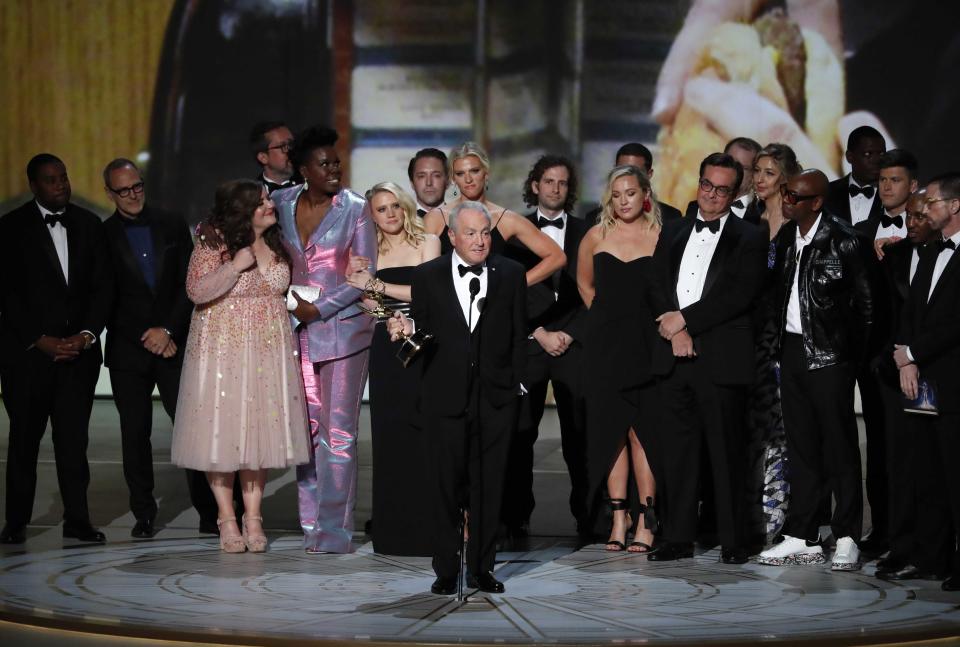 <em>Saturday Night Live</em> creator Lorne Michaels accepts the Emmy for Outstanding Variety Sketch series. REUTERS/Mario Anzuoni
