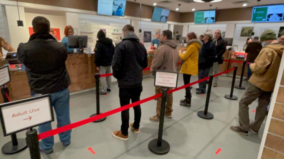 The adult-use line at Fine Fettle Dispensary in Willimantic was orderly, as people were made to pre-order online.