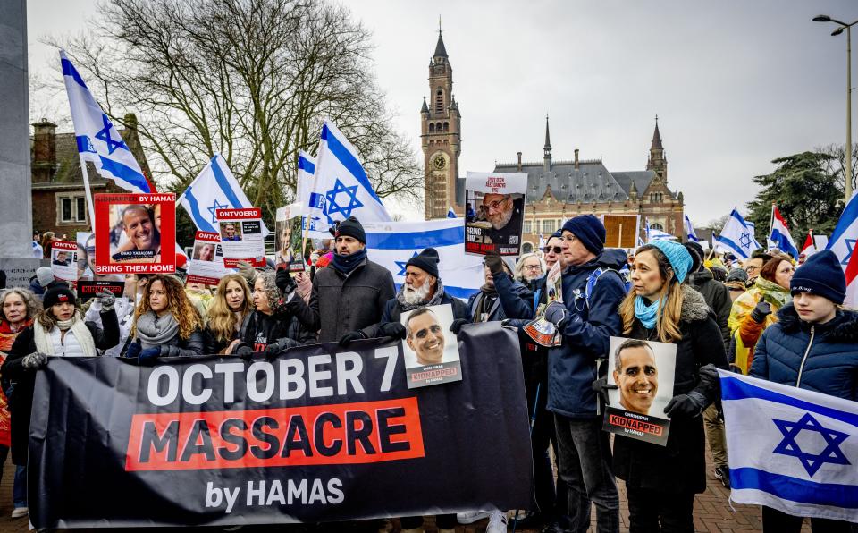 Israeli sympathizers take part in a demonstration during a hearing at the International Court of Justice (ICJ) on a genocide complaint by South Africa against Israel, in The Hague, on January 11, 2024.