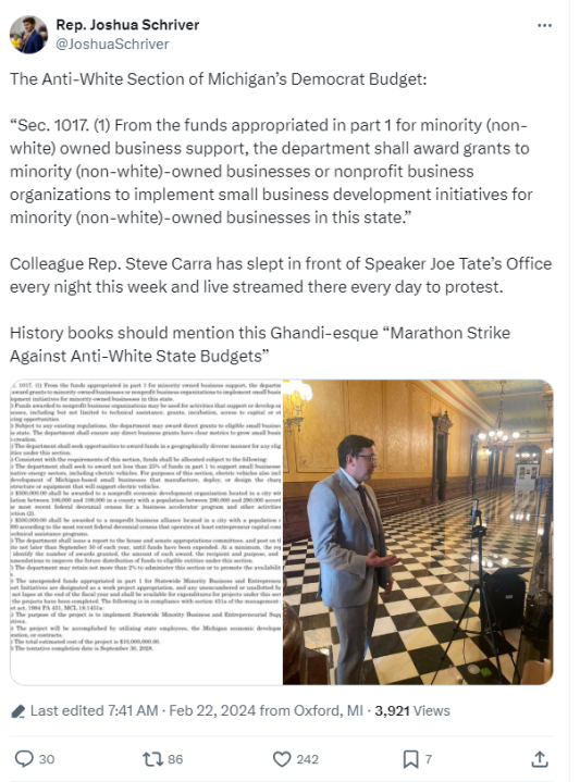 A screenshot of Rep. Josh Schriver’s X account detailing what he alleges is an “anti-white” budget. His Colleague Rep. Steve Carra is currently sleeping in the hall outside Speaker Tate’s office to protest future budgets. (WLNS)