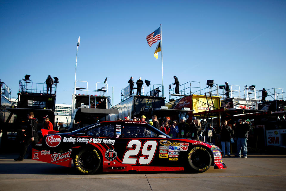 FORT WORTH, TX - NOVEMBER 05: Kevin Harvick, driver of the #29 Rheem Chevrolet, drives through the garage area during practice for the NASCAR Sprint Cup Series AAA Texas 500 at Texas Motor Speedway on November 5, 2011 in Fort Worth, Texas. (Photo by Chris Graythen/Getty Images)