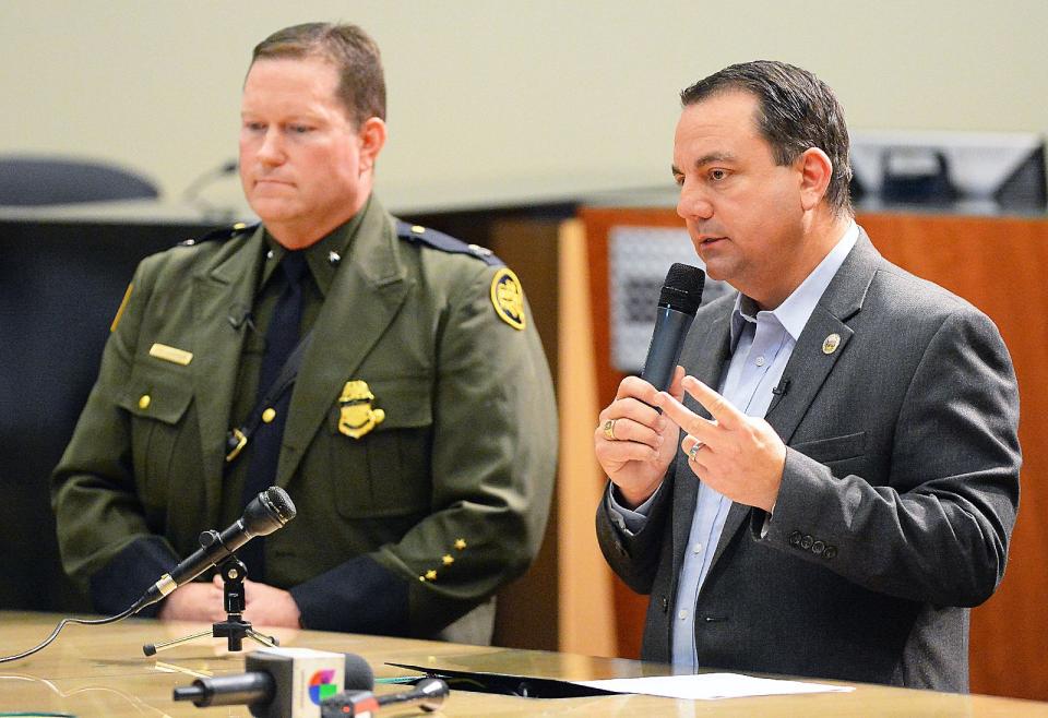 Yuma Mayor Doug Nicholls (right)  answers a question during his news conference inside Yuma City Council Chambers about the current humanitarian crisis in the border region, due to high volumes of illegal migrant crossings, on March 28, 2019, in Yuma. U.S. Border Patrol Deputy Chief Patrol Agent for the Yuma sector, Carl Landrum, is on the left.