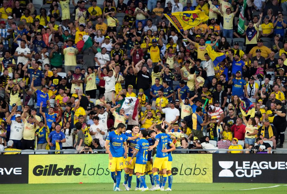 Jul 31, 2023; Columbus, OH, USA; Club America defender Kevin Alvarez (5) celebrates his goal against Columbus Crew during the first half of the League Cup group match at Lower.com Field. 