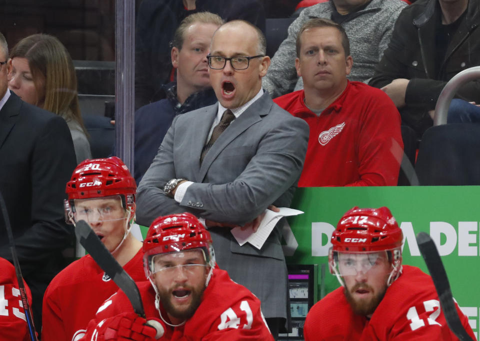 Detroit Red Wings coach Jeff Blashill watches the first period of the team's NHL hockey game against the Toronto Maple Leafs, Thursday, Oct. 11, 2018, in Detroit. (AP Photo/Paul Sancya)