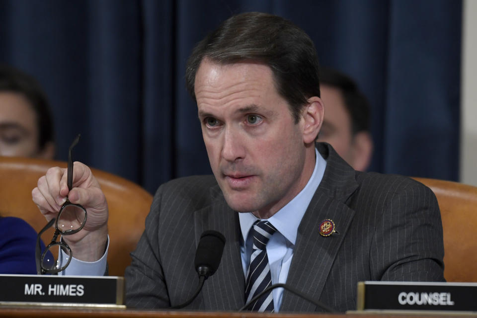 Rep. Jim Himes, D-Conn., questions top U.S. diplomat in Ukraine William Taylor, and career Foreign Service officer George Kent, at the House Intelligence Committee hearing on Capitol Hill in Washington, Wednesday, Nov. 13, 2019, during the first public impeachment hearing of President Donald Trump's efforts to tie U.S. aid for Ukraine to investigations of his political opponents. (AP Photo/Susan Walsh)