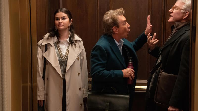 Mabel (Selena Gomez), Oliver (Martin Short) and Charles (Steve Martin) in “Only Murders in the Building” Season 3, which premieres Aug. 8 on Hulu. 