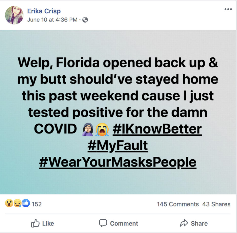 Erika Crisp of Jacksonville says she and her friends tested positive for COVID-19 shorty after visiting a bar at Jacksonville Beach the first weekend that most bars were allowed to reopen at limited capacity in Florida.