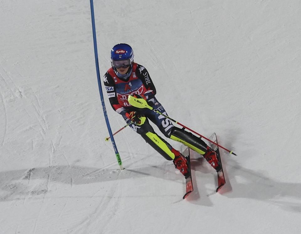 Mikaela Shiffrin approaches the finish line during her second run in a World Cup slalom race, Tuesday night in Flachau, Austria.