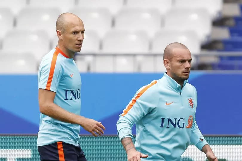 Arjen Robben and Wesley Sneijder during a Netherlands training session.