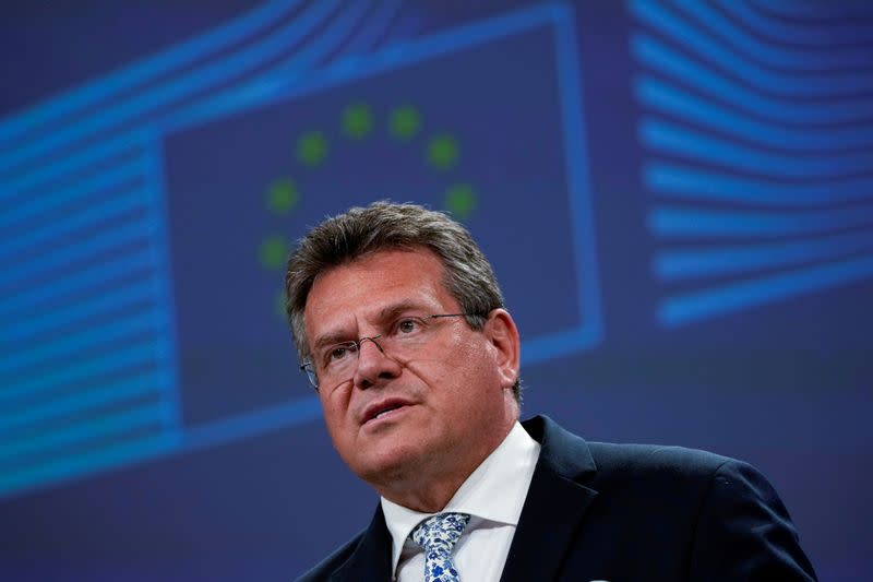 FILE PHOTO: European Commissioner for Inter-institutional Relations and Foresight Maros Sefcovic speaks during a news conference