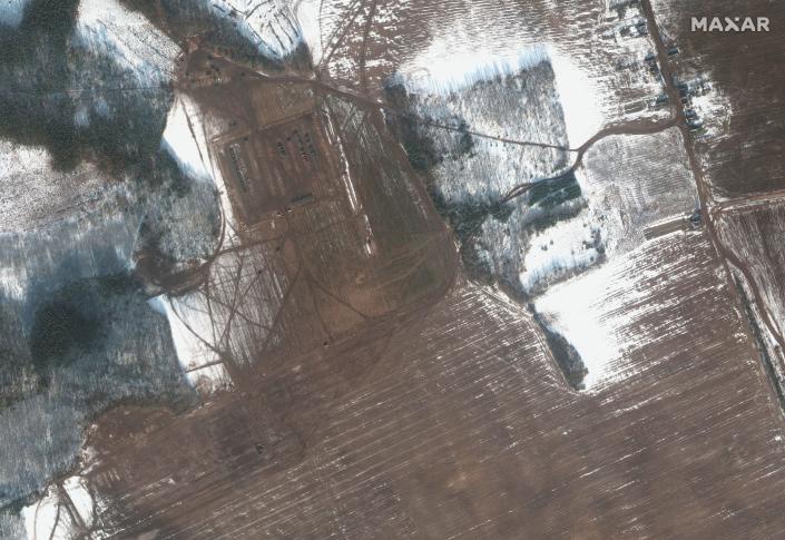 Overview shows largely empty deployment areas in Rechitsa, Belarus, Feb. 16, 2022 (Satellite image &#xa9;2022 Maxar Technologies)