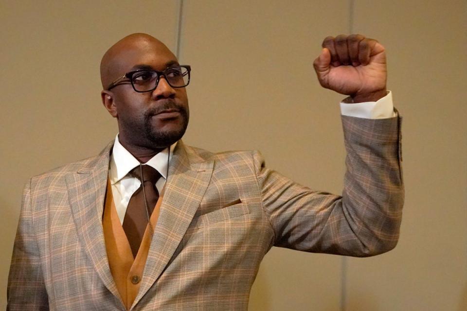 Philonise Floyd, brother of George Floyd, raises his fist following a news conference after the guilty verdict was read in the trial of former Minneapolis police Officer Derek Chauvin (AP)