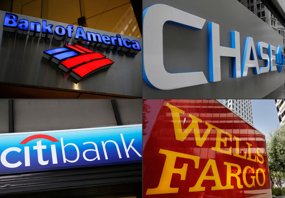 FILE - This file photo combination shows bank branches of, clockwise from top left, Bank of America, Chase, Wells Fargo, and Citibank. The impact of low oil prices has continued to hobble the finances of U.S. banks, which posted increased loan losses in the first quarter of 2016 driven by a huge jump in delinquent energy loans, data issued Wednesday, June 1, 2016, by the Federal Deposit Insurance Corp. showed. The six largest U.S. banks: JPMorgan Chase, Bank of America, Citigroup, Wells Fargo, Goldman Sachs and Morgan Stanley, have billions of dollars of exposure to energy loans that won't all be paid back. (AP Photo/File)