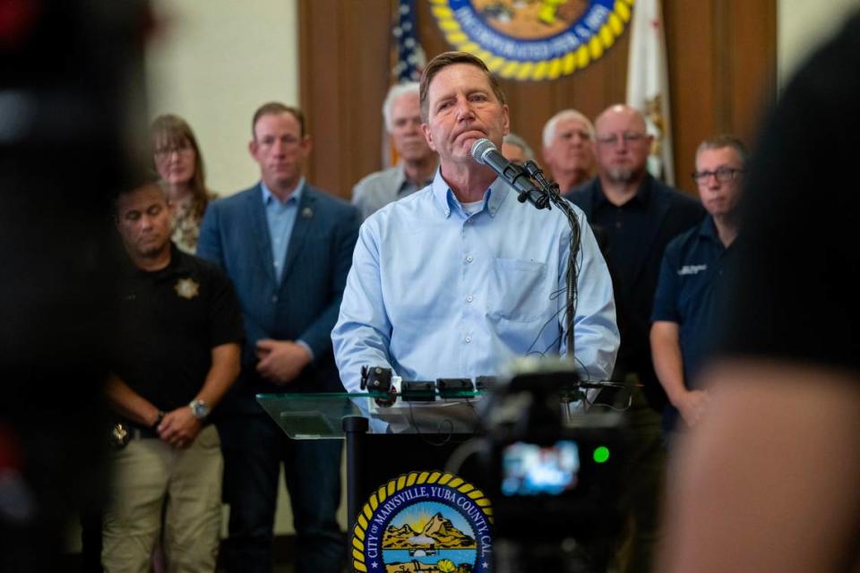 Marysville City Manager Jim Schaad declares a state of emergency during a news conference on Friday, June 21, 2024, amid the risk of collapse of the Hotel Marysville, a historic downtown gutted Saturday and Sunday by a fire.