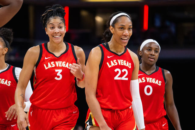 Las Vegas Aces center Candace Parker (3) watches her shot during a