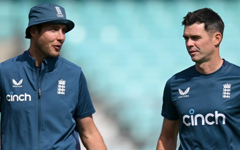 Stuart Broad and James Anderson during a nets session at the Oval
