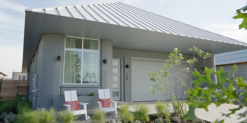 The exterior of a model home at Icon and Lennar&#39;s 100-home 3D printed community.