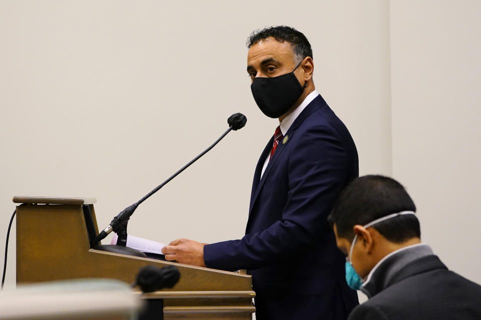 Assemblyman Ash Kalra, D-San Jose, presents his measure to create a universal healthcare system, during a hearing of the Assembly Health Committee in Sacramento, Calif., Tuesday, Jan. 11, 2022. (AP Photo/Rich Pedroncelli)