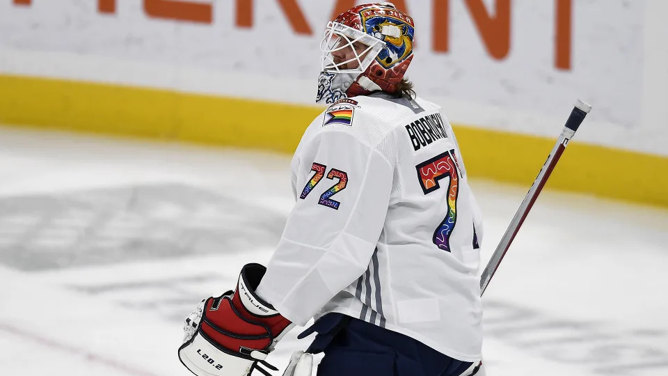 Russian NHL                    goaltender Sergei Bobrovsky warms up while wearing a                    Panthers Pride Night jersey. (AP Photo/Michael                    Laughlin)