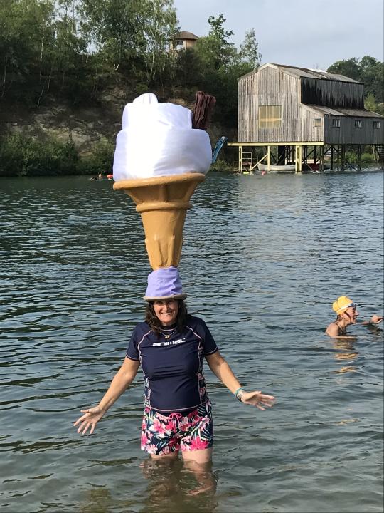 Woman with icecream hat on her head