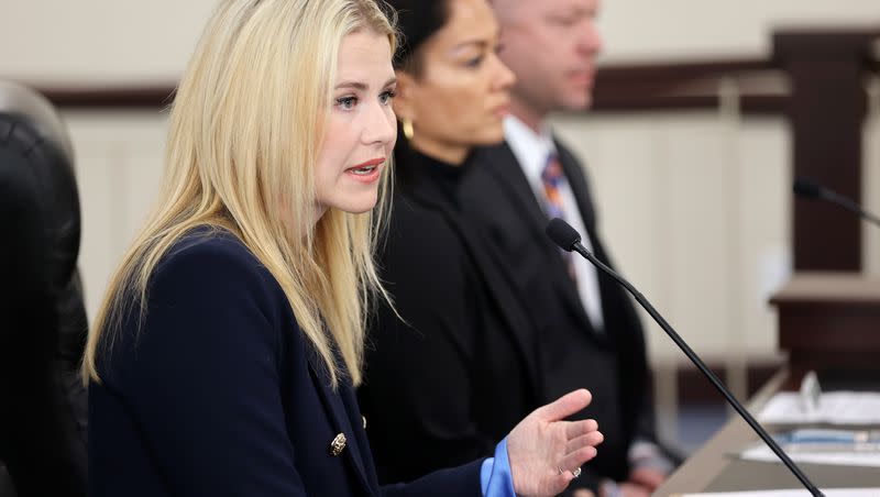Elizabeth Smart asks the Utah Legislature’s Higher Education Appropriations Subcommittee to fund the Smart Defense sexual assault prevention and self-defense course at all state universities in the Senate building in Salt Lake City on Wednesday, Jan. 24, 2024.