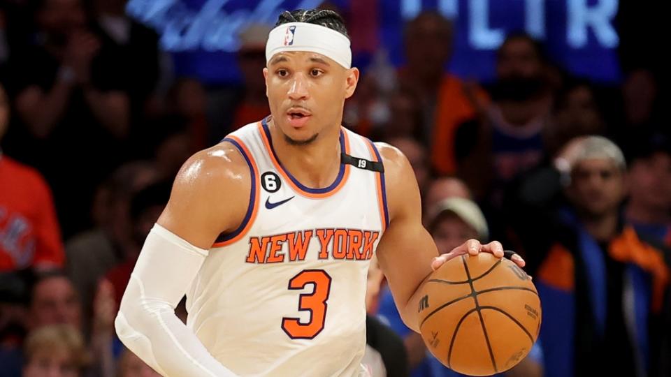 April 30, 2023;  New York, New York, USA;  New York Knicks guard Josh Hart (3) brings the ball up court against the Miami Heat during the fourth quarter of game one of the 2023 NBA Eastern Conference semifinal playoffs at Madison Square Garden.  Mandatory Credit: Brad Penner-USA TODAY Sports