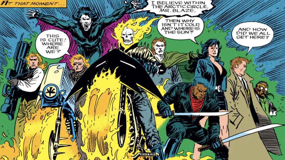 A panel from a Midnight Sons comic shows Ghostrider and other superheroes standing next to each other