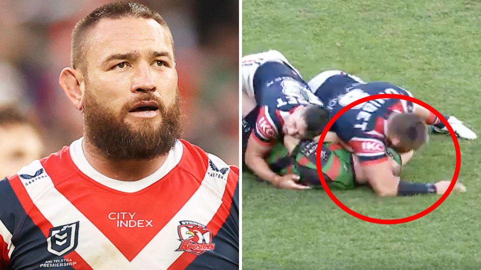 Roosters prop Jared Waerea-Hargreaves is pictured left, and a screenshot of the hit on Tom Burgess on the right.