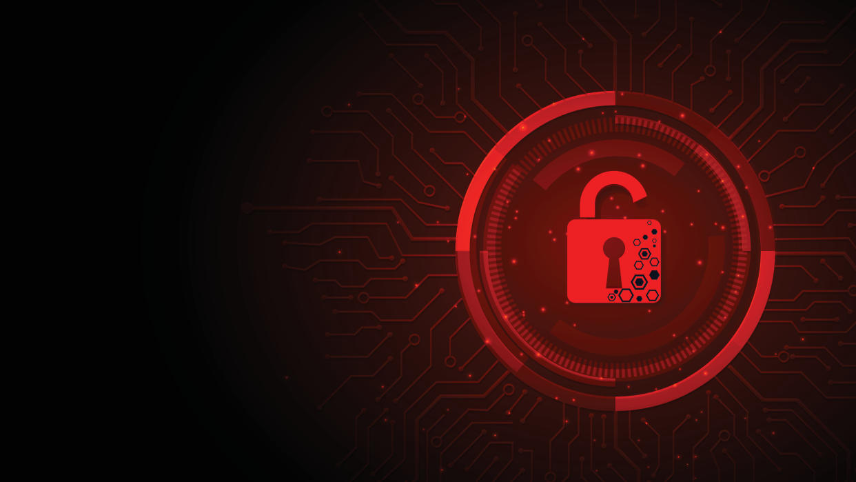  Red padlock open on electric circuits network dark red background. 